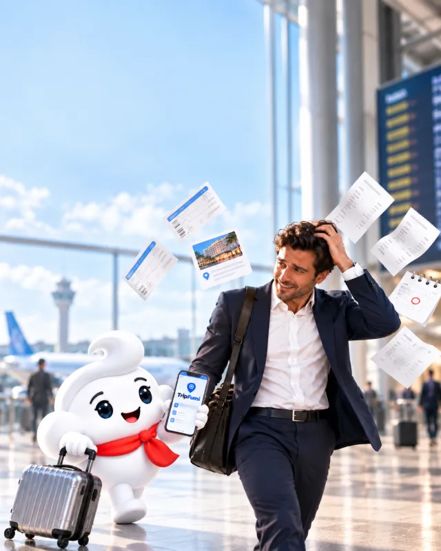 A business traveler in an airport scratches his head as boarding passes, a hotel card and receipts fly around him, while Fumi, TripFumi’s AI assistant, walks beside him with a suitcase and the TripFumi app.
