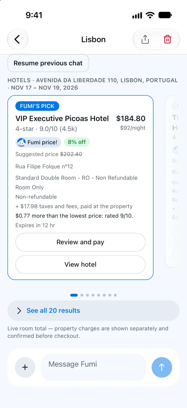 Fumi's answer in the TripFumi chat: a Fumi's pick card for VIP Executive Picoas Hotel in Lisbon, $184.80 for Nov 17 to 19 ($92 a night), 4-star, rated 9.0 out of 10, with a Fumi price! badge, 8% off a suggested $202.40, and Review and pay and View hotel buttons.