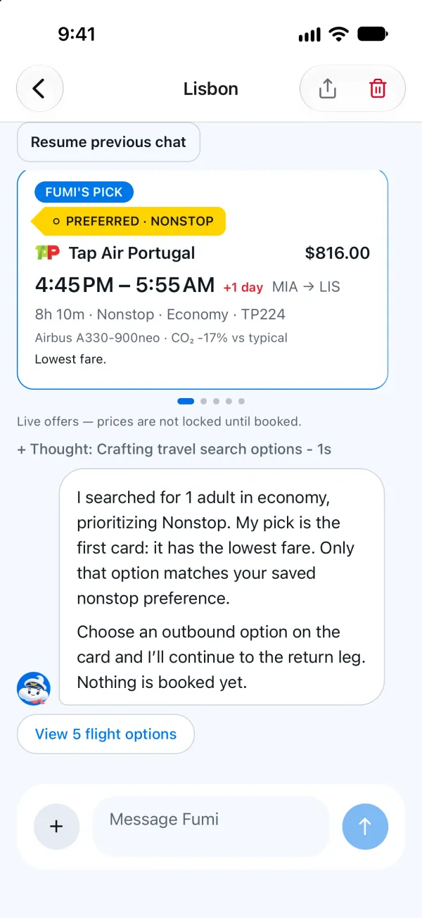 Fumi in the TripFumi chat remembers a nonstop preference: its pick, a TAP Air Portugal TP224 flight from Miami to Lisbon, 4:45 PM to 5:55 AM the next day, $816.00, is tagged Preferred, Nonstop, and Fumi says only that option matches the saved nonstop preference and that nothing is booked yet.