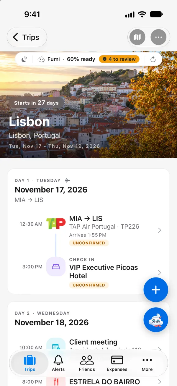 A Lisbon trip in TripFumi, Tue, Nov 17 to Thu, Nov 19, 2026: Fumi shows 60% ready with 4 to review, and Day 1 lists the TAP Air Portugal TP226 flight from Miami to Lisbon at 12:30 AM, arriving 1:55 PM, then hotel check-in at the VIP Executive Picoas Hotel at 3:00 PM.