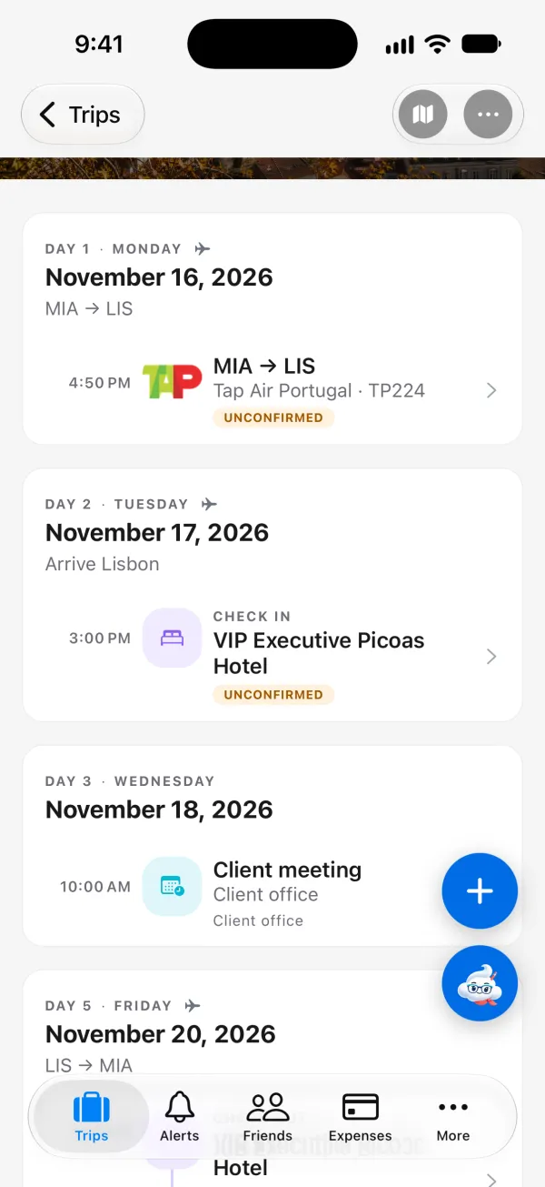 A Lisbon trip itinerary in TripFumi: Day 1, Monday, November 16, 2026, TAP Air Portugal TP224 from Miami to Lisbon at 4:50 PM; Day 2, check-in at the VIP Executive Picoas Hotel at 3:00 PM; Day 3, a client meeting at 10:00 AM.