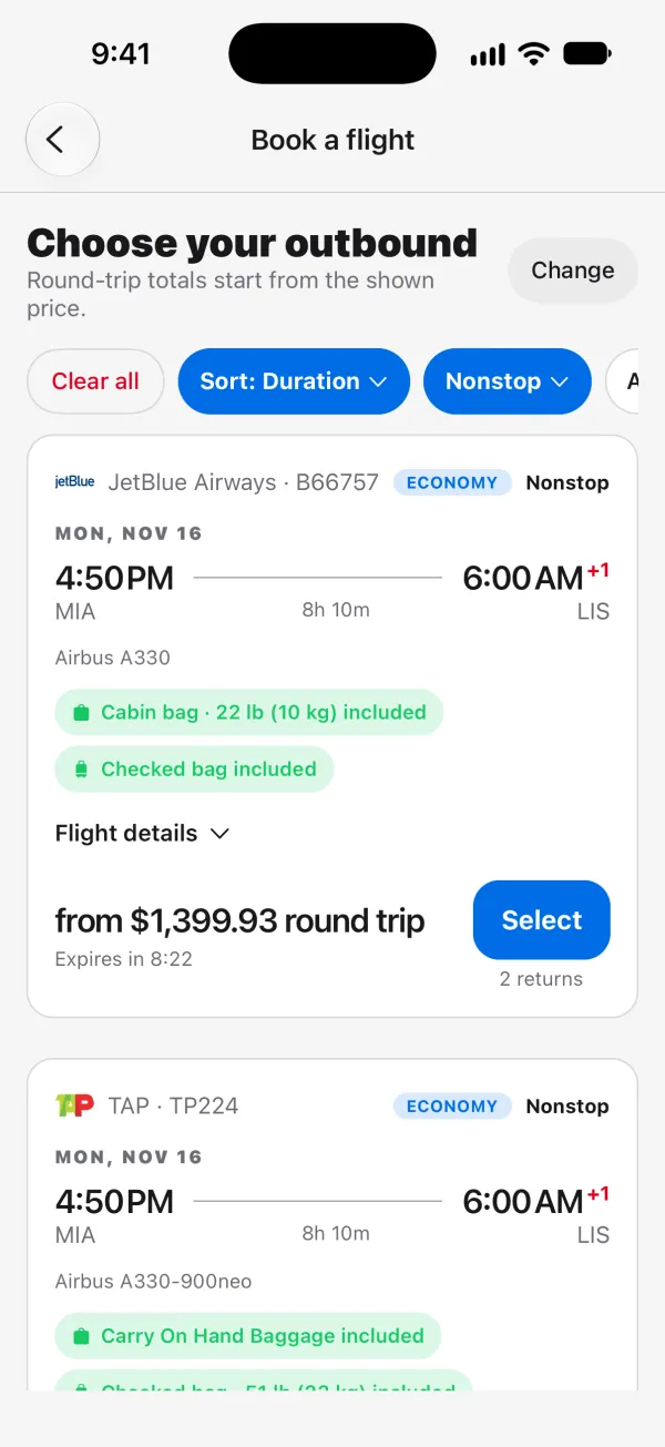 Book a flight in TripFumi: Choose your outbound, sorted by duration and filtered to nonstop, with a JetBlue flight from Miami to Lisbon on Mon, Nov 16, 4:50 PM to 6:00 AM the next day, cabin and checked bags included, from $1,399.93 round trip, and a Select button.