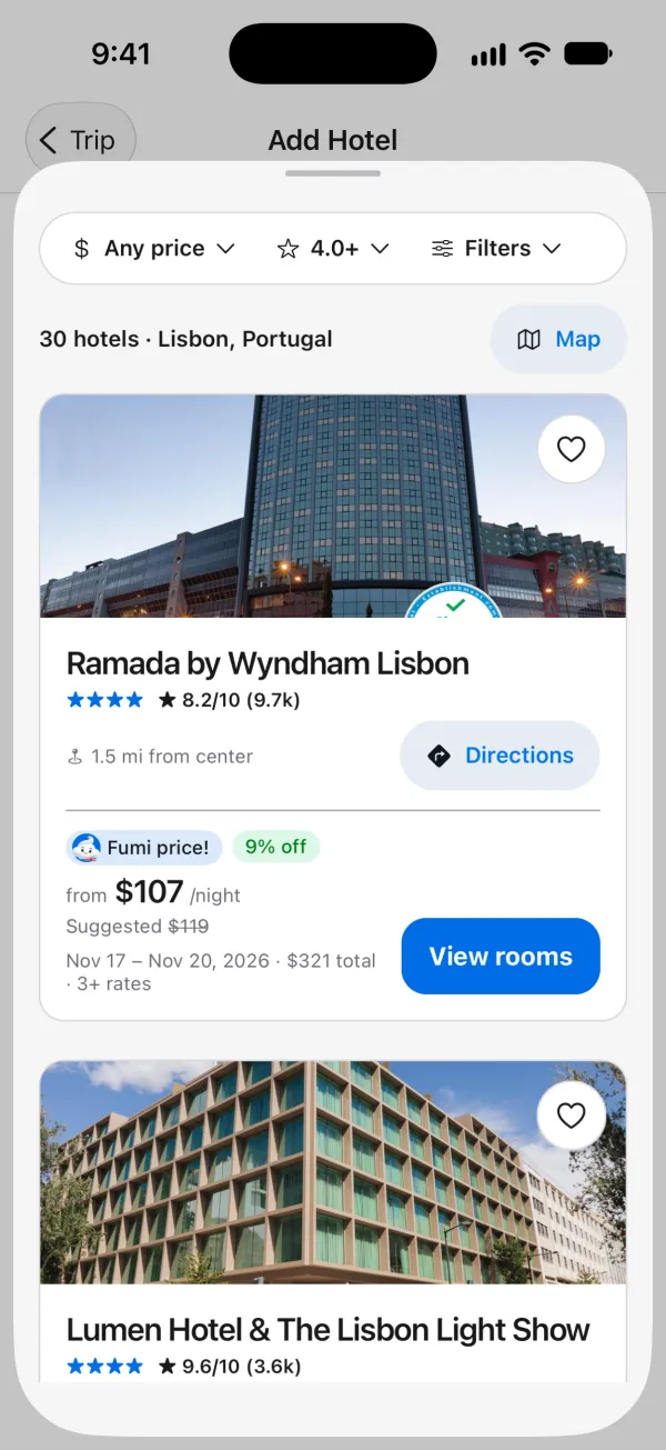 Add a hotel in TripFumi: 30 hotels in Lisbon, Portugal, with the Ramada by Wyndham Lisbon, rated 8.2 out of 10, 1.5 miles from the center, a Fumi price! badge, 9% off, from $107 a night instead of a suggested $119, November 17 to 20, 2026, $321 total, and a View rooms button.