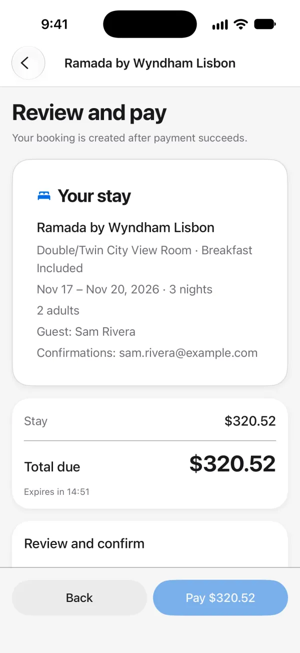 Review and pay in TripFumi: your stay at the Ramada by Wyndham Lisbon, a Double/Twin City View Room with breakfast included, November 17 to 20, 2026, 3 nights, 2 adults, total due $320.52, and a Pay $320.52 button.