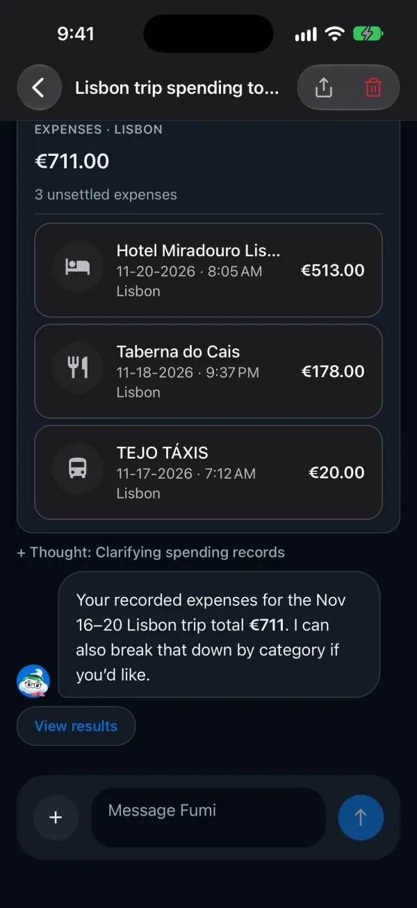 Fumi in the TripFumi chat, dark mode: an Expenses card for Lisbon, €711.00 in 3 unsettled expenses (a hotel, €513.00; Taberna do Cais, €178.00; a taxi, €20.00), and Fumi’s answer that the recorded expenses for the Nov 16 to 20 Lisbon trip total €711.
