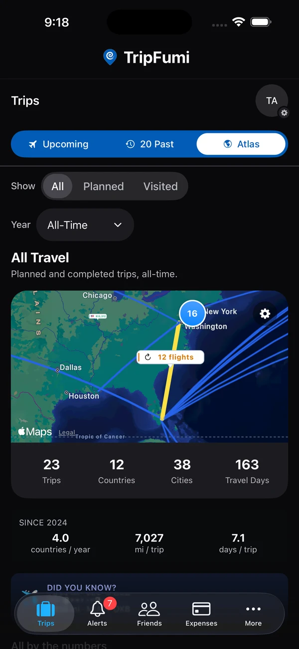 TripFumi Atlas in dark mode: All Travel map with 23 trips, 12 countries, 38 cities and 163 travel days