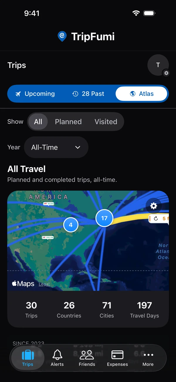 TripFumi Atlas in dark mode: All Travel map of North America and the Atlantic with show and year filters, 30 trips, 26 countries, 71 cities and 197 travel days