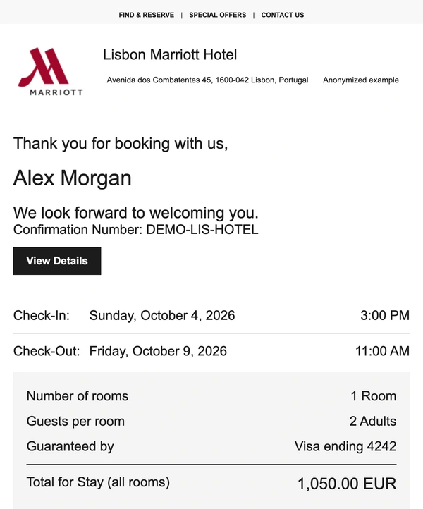Anonymized Marriott confirmation email for Alex Morgan: Lisbon Marriott Hotel, DEMO-LIS-HOTEL, October 4-9, 2026, two adults