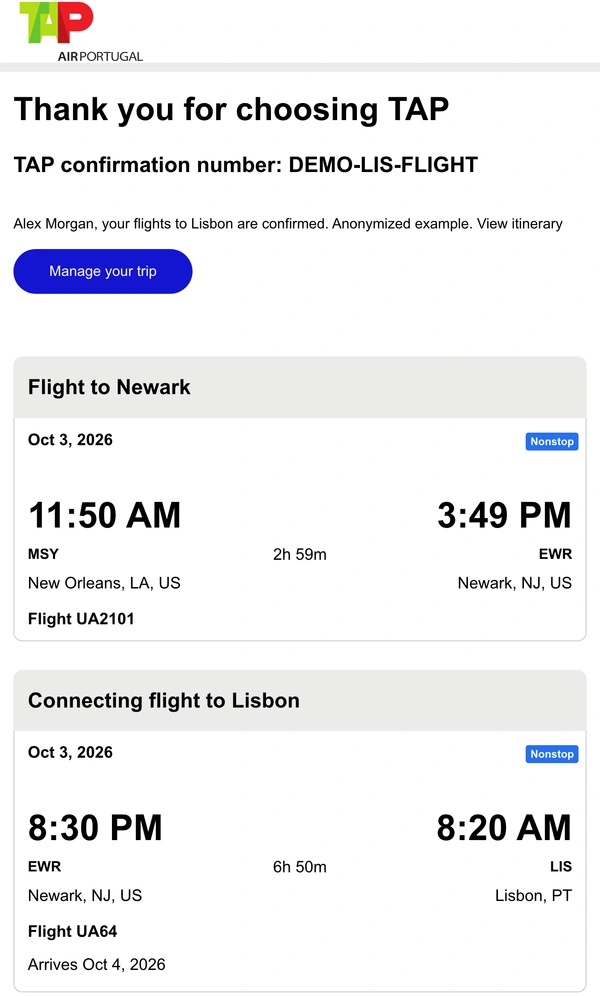 Anonymized TAP confirmation email for Alex Morgan: DEMO-LIS-FLIGHT, October 3 flights from New Orleans through Newark to Lisbon