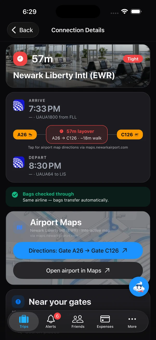 Newark connection between UA1800 and UA64: 57 minutes, arriving at gate A26 at 7:33 PM and departing gate C126 at 8:30 PM, with an approximate 18-minute walk