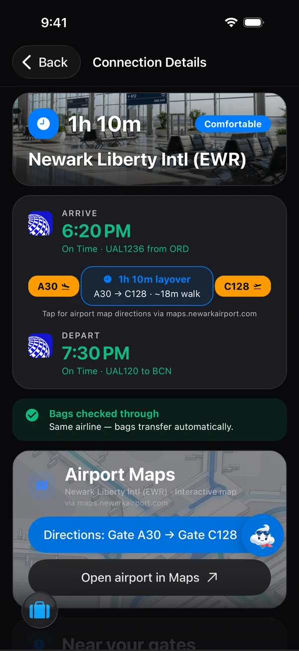Newark connection between UA1236 from Chicago and UA120 to Barcelona: 1 hour 10 minutes, arriving gate A30 at 6:20 PM and departing gate C128 at 7:30 PM, an approximate 18-minute walk, with bags checked through