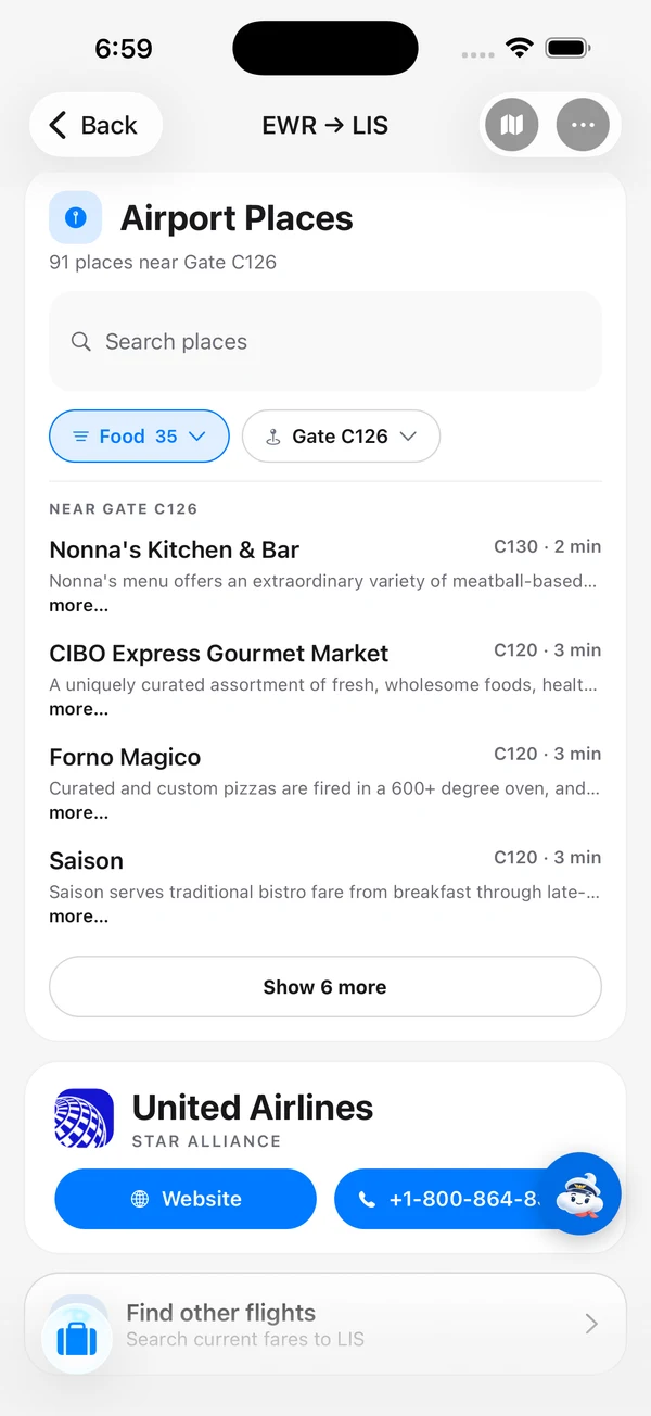 Newark Airport Places with Food selected near gate C126: Nonnas Kitchen and Bar, CIBO Express Gourmet Market, Forno Magico and Saison, with gate locations and walking estimates