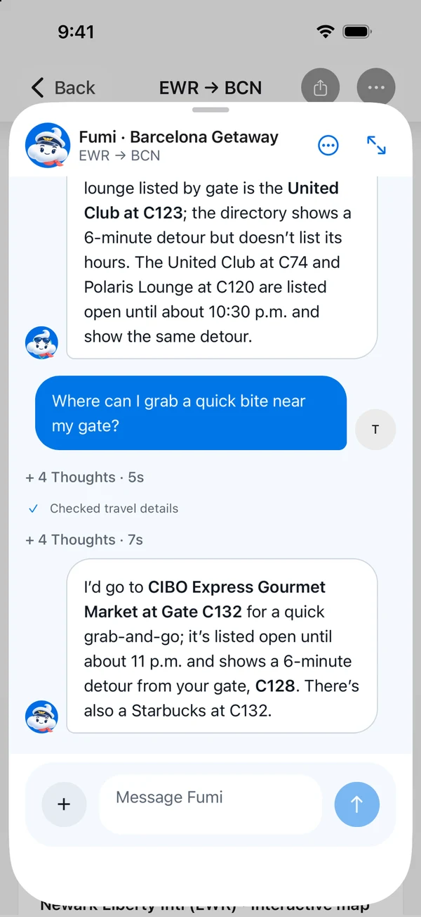 Airport Fumi suggesting a quick bite near Newark gate C128: CIBO Express Gourmet Market at C132, open until about 11 PM and a six-minute walk, with a Starbucks at C132