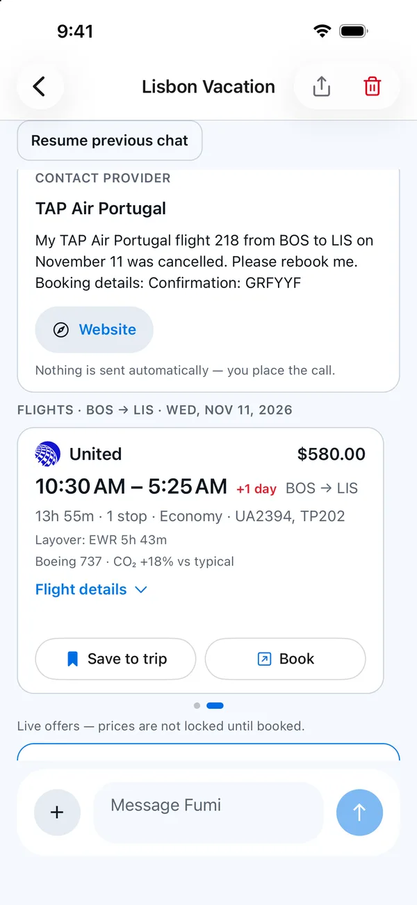 Fumi handling a cancelled TAP Air Portugal flight 218 from Boston to Lisbon: a Contact provider card with the drafted request, My TAP Air Portugal flight 218 from BOS to LIS on November 11 was cancelled, please rebook me, a Website button, and a United alternative at $580 with Save to trip and Book buttons.