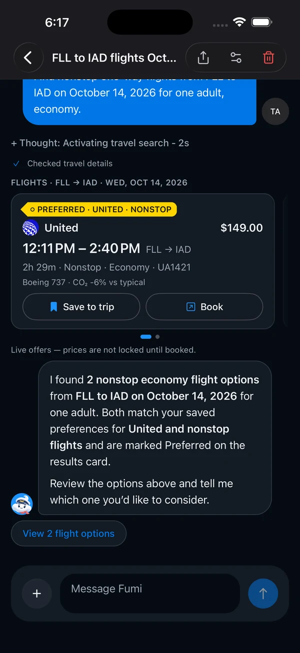 Pilot Fumi with two nonstop economy flights from FLL to IAD on October 14, 2026, showing United at USD149 with United and Nonstop preference tags and separate Save to trip and Book actions