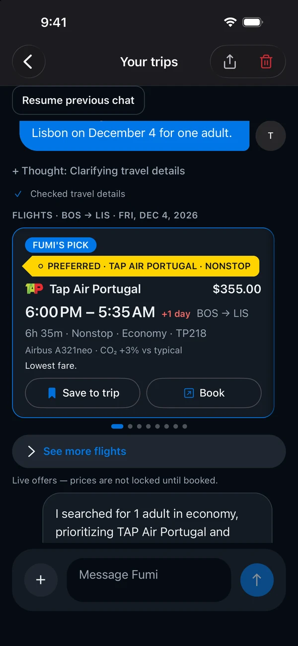 Pilot Fumi flight search from BOS to LIS on December 4, 2026 for one adult: TAP Air Portugal nonstop at USD355, marked as the Fumi pick and Preferred TAP Air Portugal nonstop, 6:00 PM to 5:35 AM, with Save to trip and Book buttons