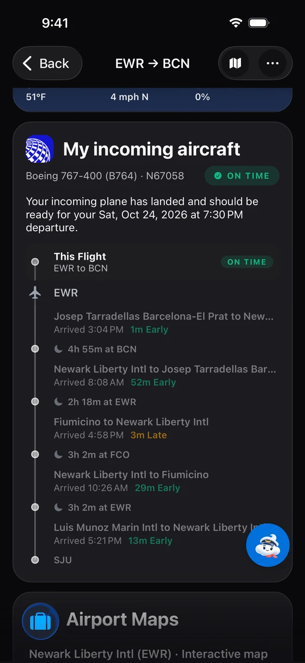 UA120 incoming aircraft history on October 24: Boeing 767-400 N67058, on time and landed for the 7:30 PM Newark departure, with its Barcelona, Rome and San Juan legs