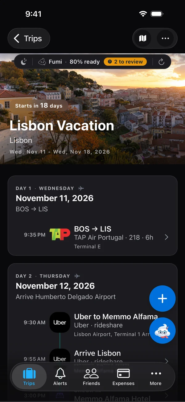 Lisbon Vacation itinerary for November 11-18, 2026: TAP Air Portugal 218 from Boston to Lisbon on November 11, then an Uber to Memmo Alfama on November 12, with Fumi 80% ready and 2 to review