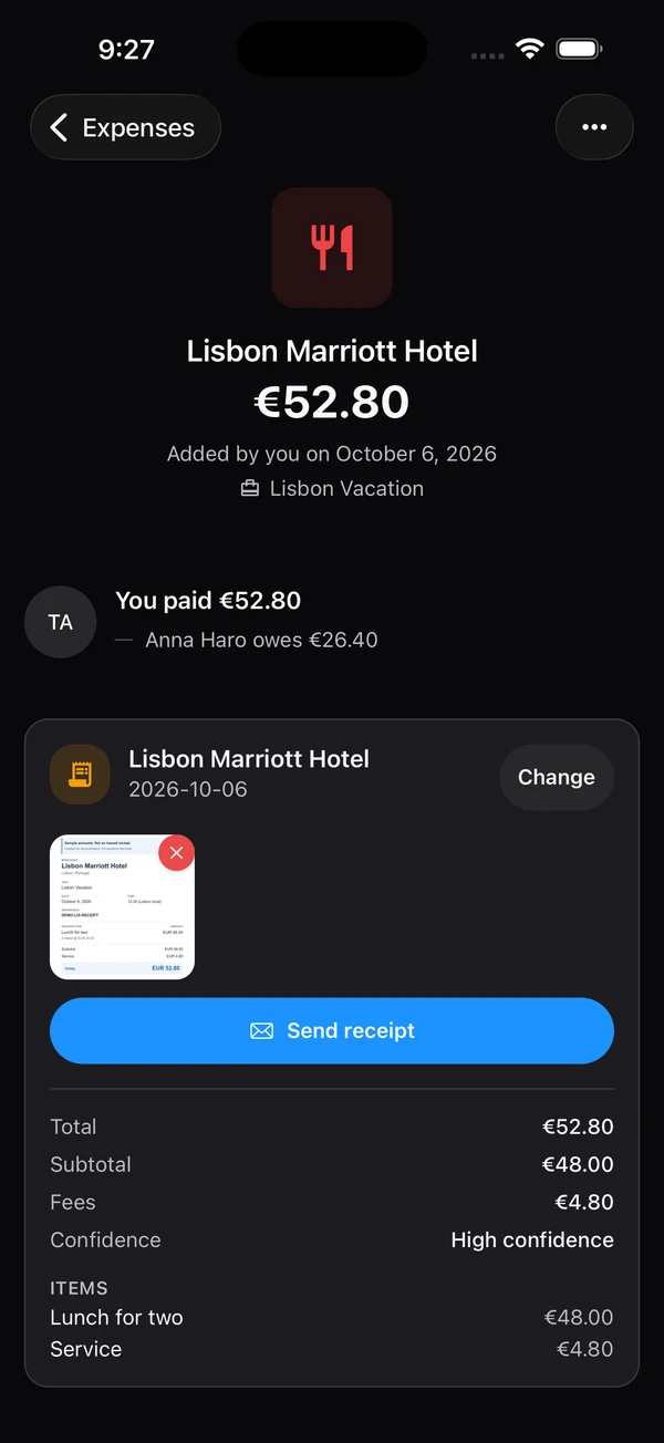 TripFumi receipt expense for Lisbon Marriott Hotel: EUR 52.80 total, EUR 48.00 subtotal and EUR 4.80 fees, dated October 6, 2026 in Lisbon Vacation, with the receipt attached