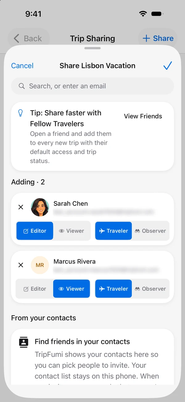 TripFumi Share Lisbon Vacation sheet adding Sarah Chen as Editor and Traveler and Marcus Rivera as Viewer and Traveler, with a tip to share faster with Fellow Travelers