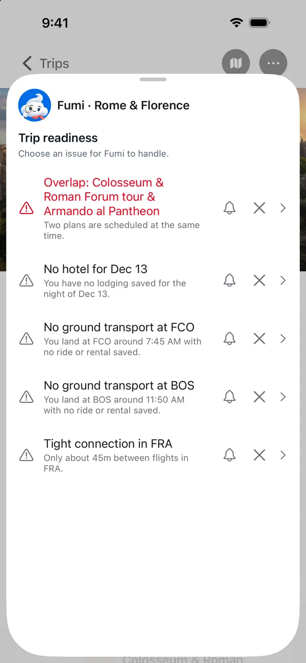 Fumi trip readiness sheet for Rome & Florence listing five issues to handle: the Colosseum tour overlapping lunch at Armando al Pantheon, no hotel for December 13, no ground transport at FCO or BOS, and a tight 45-minute connection in Frankfurt