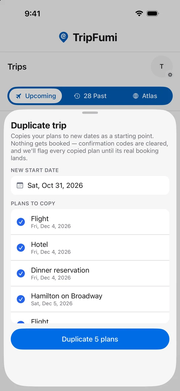 TripFumi Duplicate trip for New York Weekend: new start date October 31, 2026, with Flight, Hotel, Dinner reservation and Hamilton on Broadway checked, and Duplicate 5 plans