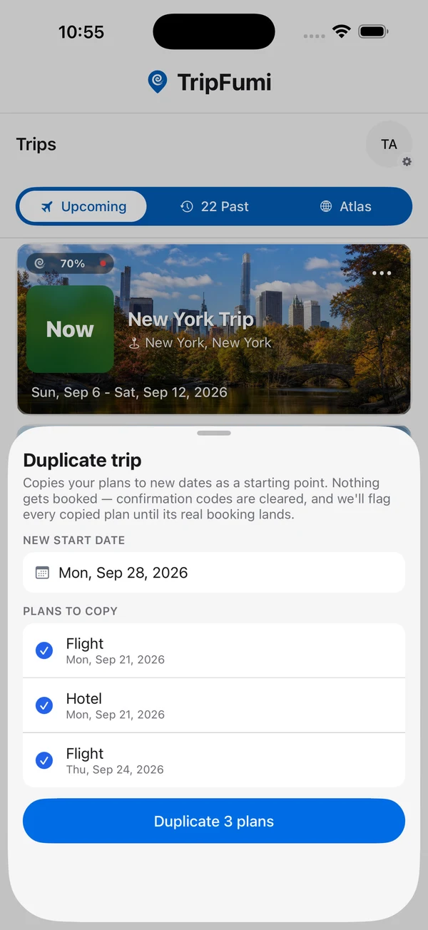 TripFumi Duplicate trip setup with September 28, 2026 selected and all three plans checked: Flight, Hotel and Flight; Duplicate 3 plans