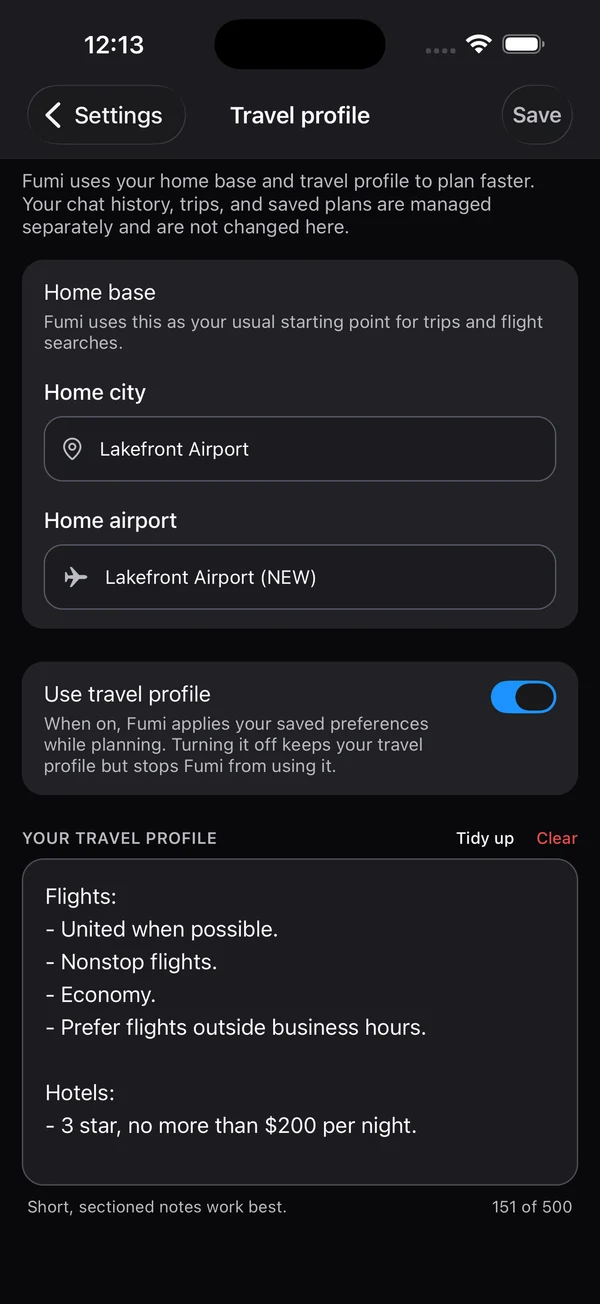 TripFumi Travel profile in dark mode with Use travel profile enabled, United nonstop economy flights outside business hours, and 3-star hotels no more than $200 per night