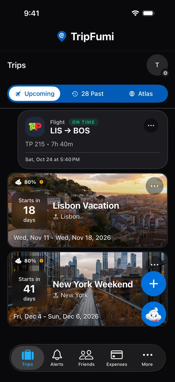 TripFumi trip list in dark mode: TAP 215 from Lisbon to Boston on time today, Lisbon Vacation in 18 days and New York Weekend in 41 days, each 80% ready, with the Ask Fumi button