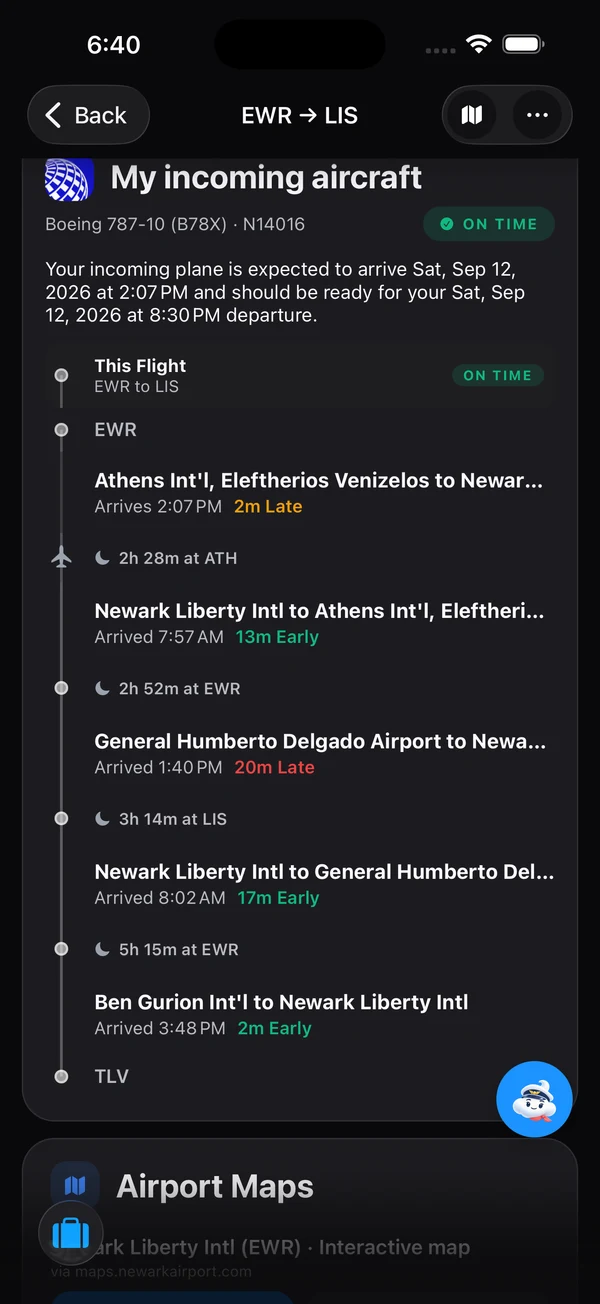 UA64 incoming aircraft history on September 12: Boeing 787-10 N14016, on time, with its Athens to Newark inbound leg and previous flights; Pilot Fumi button